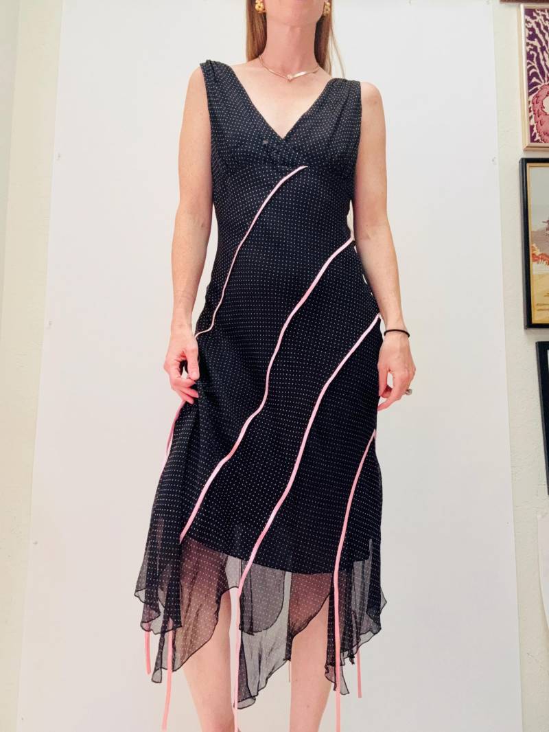 Vintage 00S Y2K Bias Cut Seidenkleid Schwarz Rosa Kleid Polka Dots Chiffon Tank Dress Medium Large// 90S Black Slip Party von Hookedonhoney