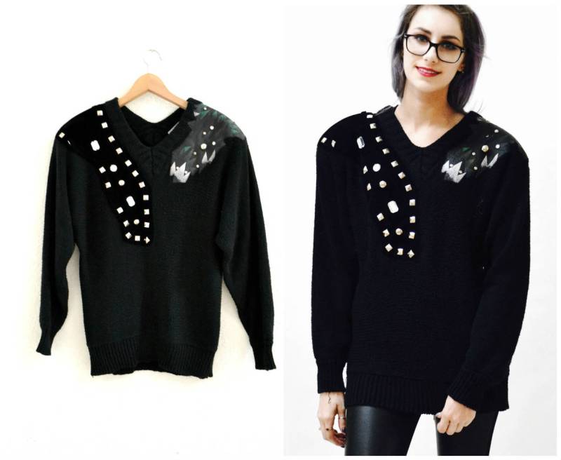 Vintage 80Er Jahre Schwarzer Pullover Metallic Strass Nieten Und Kunstleder Größe Medium Pull Über Glam von Hookedonhoney