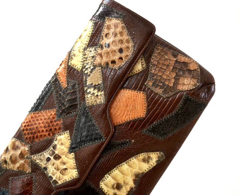 Vintage Leder Clutch Geldbörse Handtasche Braun Schlangenhaut Python Reptil Patchwork Caprice// 70Er 80Er Braune von Hookedonhoney