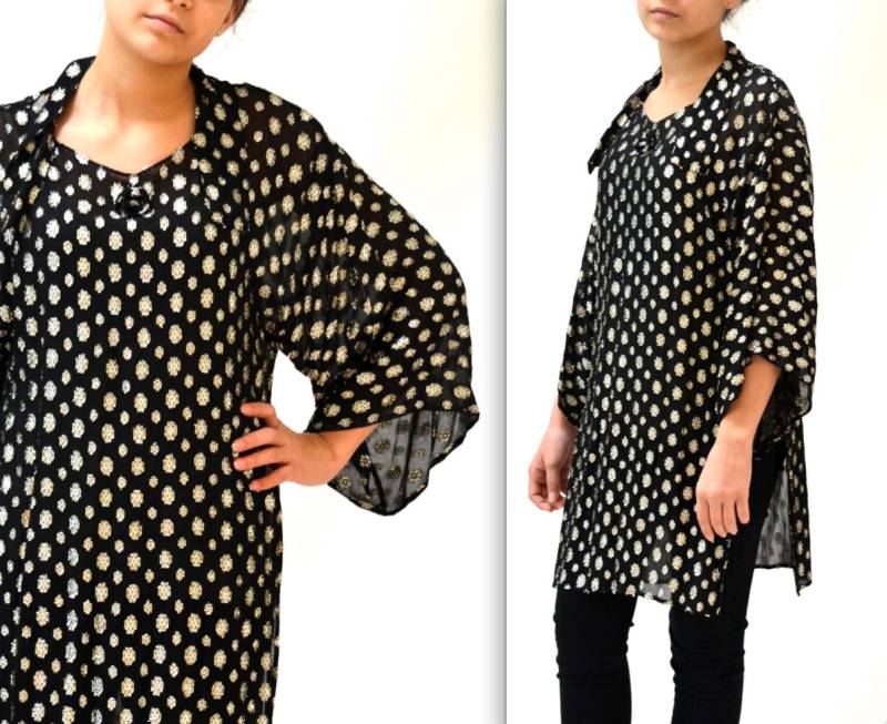 Vintage Metallic Schwarz Silber Polka Dot Tunika Top Small Medium // Schiere Schwarzes Shirt Strand Vertuschen Von Helene Sidel von Hookedonhoney