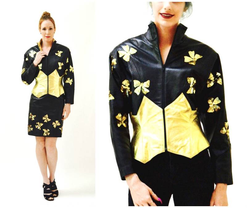 Vintage Pailletten Lederjacke Schwarz Und Gold Metallic Paillettenjacke Schleifen 80Er Jahre Glam Von Lillie Rubin Größe Small Medium von Hookedonhoney