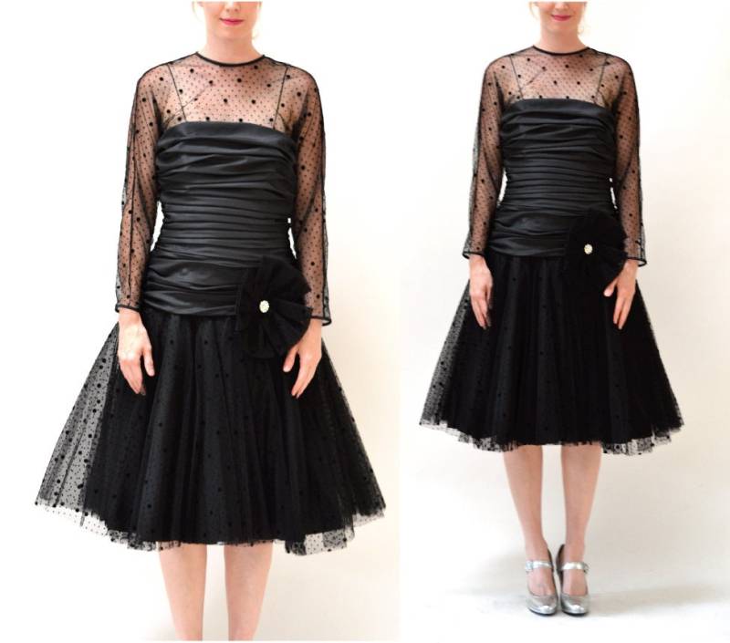 Vintage Schwarzes Kleid Medium Crinoline Rock Polka Dot // 80Er 90Er Abendkleid Cocktailkleid Party Large von Hookedonhoney