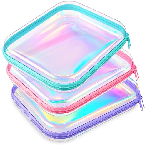 Hoolerry Transparente Hartschalen-Schutzhülle mit Reißverschluss, Kunststoff, transparent, Make-up-Tasche, tragbarer Reise-Organizer für Kosmetik, Bausteine, Puzzles, 3 Stück (Laser, M) von Hoolerry
