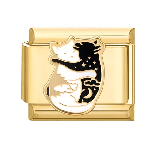 Hoomall Gold Italian Bracelet Charm Modular 9mm Kratzfest Edelstahl Italian Style Module DIY Italienisches Armband Charms Italian Schmuck Charm Zubehör Personalisiert Geschenk (Schwarz-Weiße Katze) von Hoomall