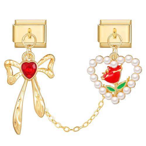 Hoomall Gold Italian Charm Bracelet mit Anhänger Abnehmbar 9mm Edelstahl Module DIY Italian Style Armband Zubehör Vergoldet Italienische Armbänder Charms für Damen Mädchen Geschenk(Rot Schleife/Blume) von Hoomall