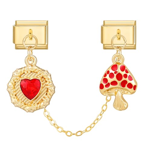Hoomall Gold Italian Charm Bracelet mit Anhänger Abnehmbar 9mm Edelstahl Module DIY Italian Style Armband Zubehör Vergoldet Italienische Armbänder Charms für Damen Mädchen Geschenk (Rot Herz/Pilz) von Hoomall