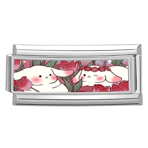 Hoomall Italian Bracelet Charm Silber Edelstahl Lang 20x9mm Rot Katze Hund Italian Charms Module DIY Abnehmbar Haustier Italian Style Armband Zubehör Modular Italienische Armbänder (Zwei Häschen) von Hoomall