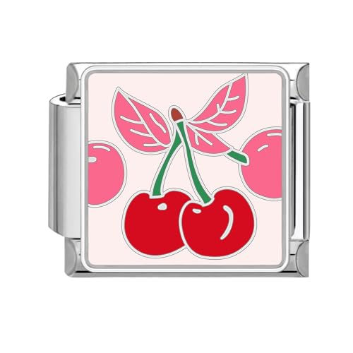 Hoomall Italian Bracelet Charms Silber für Damen Italian Style Module Kirsche Charm DIY Abnehmbar 9mm Edelstahl Italienisches Armband Charm Sliver Modular Italian Charms Geschenk(Kirsche Pink Blätter) von Hoomall