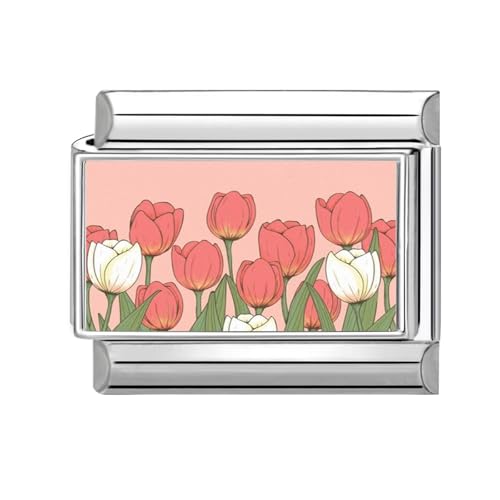 Hoomall Italian Charm Bracelet Charms Blumen Silber Floral 9mm Edelstahl Italian Module für Damen DIY Italian Style Charms Modular Italienische Armbänder Personalisiert Geschenk (Rosa & Weiß Tulpen) von Hoomall