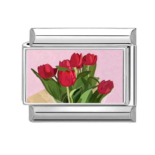 Hoomall Italian Charm Bracelet Charms Blumen Silber Floral 9mm Edelstahl Italian Module für Damen DIY Italian Style Charms Zeitlos Modular Italienische Armbänder Personalisiert Geschenk (Rot Tulpe) von Hoomall