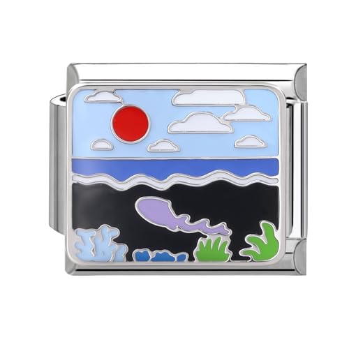 Hoomall Italian Charm Bracelet Charms Exquisiter Ozean 9mm Italian Charm Module DIY Abnehmbar Edelstahl Italian Style Charms für Damen Blau Meer Italienisches Armband Zubehör Mädchen Geschenk von Hoomall