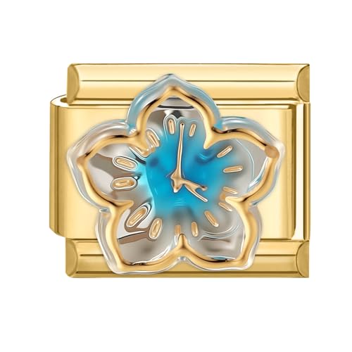Hoomall Italian Charm Bracelet Gold Edelstahl Vergoldet Italian Modulares Armband 9mm 3D Muster Italian Style Charms DIY Abnehmbar Italienische Armbänder Module Frauen Mädchen Geschenk (Uhr Blau Blume von Hoomall