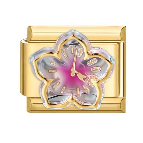 Hoomall Italian Charm Bracelet Gold Edelstahl Vergoldet Italian Modulares Armband 9mm 3D Muster Italian Style Charms DIY Abnehmbar Italienische Armbänder Module Frauen Mädchen Geschenk (Uhr Lila Blume von Hoomall