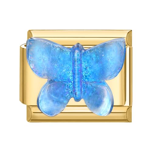 Hoomall Italian Charm Bracelet Gold Edelstahl Vergoldet Italian Modulares Armband 9mm 3D Muster Italian Style Charms DIY Abnehmbar Italienische Armbänder Module Mädchen Geschenk (Blau Schmetterling) von Hoomall