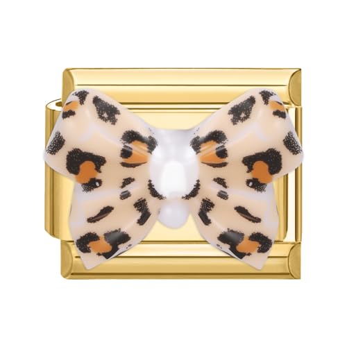 Hoomall Italian Charm Bracelet Gold Edelstahl Vergoldet Italian Modulares Armband 9mm 3D Muster Italian Style Charms DIY Abnehmbar Italienische Armbänder Module Mädchen Geschenk (Leopard Schleife) von Hoomall
