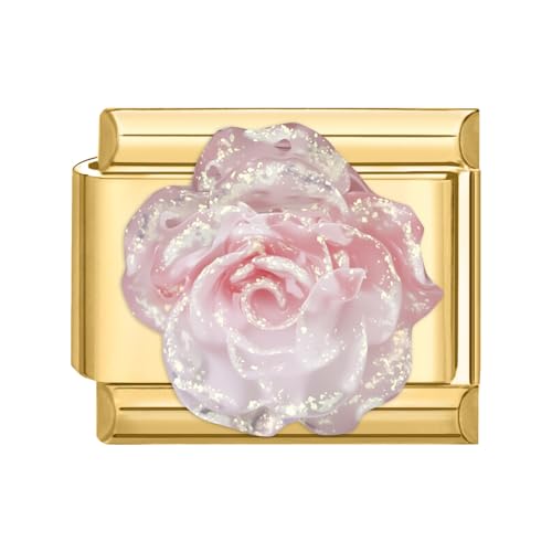Hoomall Italian Charm Bracelet Gold Edelstahl Vergoldet Italian Modulares Armband 9mm 3D Muster Italian Style Charms DIY Abnehmbar Italienische Armbänder Module Mädchen Geschenk (Pink Funkeln Rose) von Hoomall