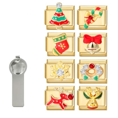 Hoomall Italian Charm Bracelet Gold Silber Anhänger Set 9pcs Italian Style Charms mit Tool DIY 9mm Italienisches Armbänder Glieder für Damen Italian Charms Module Mädchen Geschenk (Gold Weihnachten) von Hoomall
