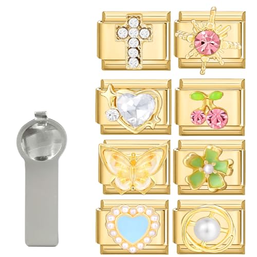 Hoomall Italian Charm Bracelet Gold Silber Anhänger Set 9pcs Italian Style Charms mit Tool DIY 9mm Italienisches Armbänder Glieder für Damen Italian Charms Module für Mädchen Geschenk (Gold Diament) von Hoomall