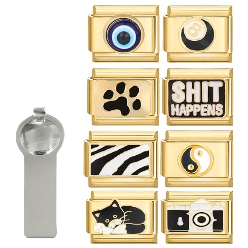Hoomall Italian Charm Bracelet Gold Silber Anhänger Set 9pcs Italian Style Charms mit Tool DIY 9mm Italienisches Armbänder Glieder für Damen Italian Charms Module für Mädchen Geschenk (Gold Schwarz) von Hoomall