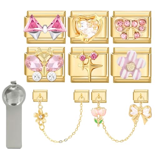 Hoomall Italian Charm Bracelet Gold Silber Anhänger Set 9pcs Italian Style Charms mit Tool DIY 9mm Italienisches Armbänder Glieder für Damen Italian Charms Module für Mädchen Geschenk (Gold Rosa) von Hoomall