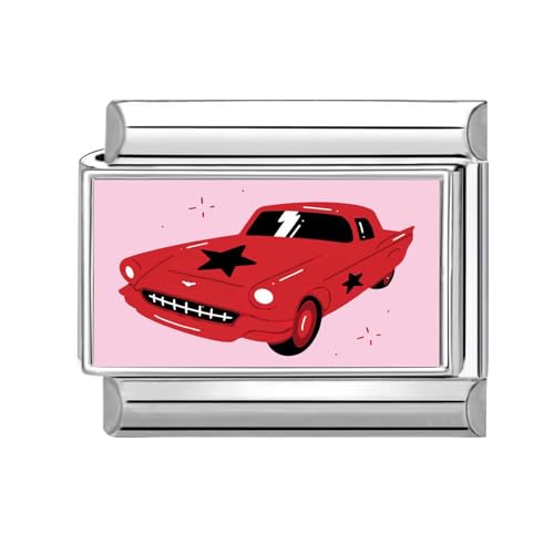 Hoomall Italian Charm Bracelet Silber 9mm Edelstahl Italian Charms DIY Abnehmbar Module für Italienische Armbänder Niedlich Rosa Italian Style Armband Zubehör für Damen Mädchen Geschenk (Car) von Hoomall