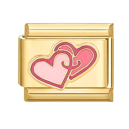 Hoomall Italian Charms Armband Gold Damen 9mm Vergoldet Modular Italian Bracelet Charm Italian Stil Armband Glieder Zubehör DIY Italienische Style Charm Schmuck Mädchen Geschenk (Pink Doppelt Herz) von Hoomall