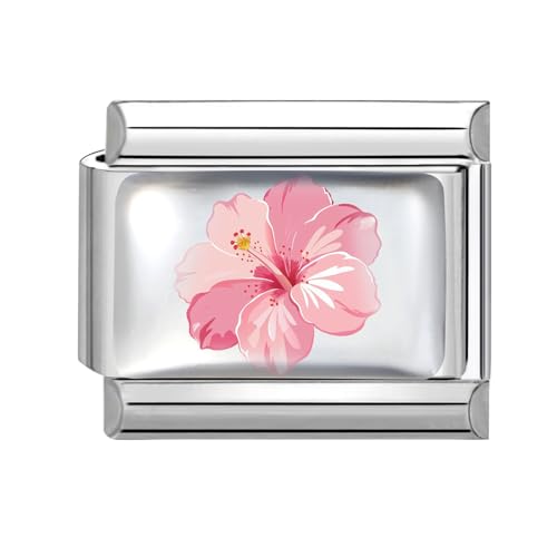Hoomall Italienische Armband Charms Silber UV Harz Italian Charm Bracelet Blumen Muster 9mm Abnehmbare DIY Charms für Armbänder Edelstahl Italian Stil Module Schmuck Damen Geschenk (Rosa Hibiskus) von Hoomall