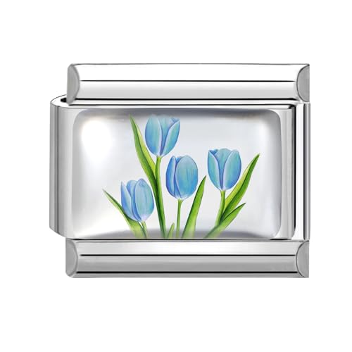 Hoomall Italienische Armband Charms Silber UV Harz Italian Charm Bracelet Blumen Muster 9mm Abnehmbare DIY Charms für Armbänder Edelstahl Italian Stil Module Schmuck Damen Geschenk (Türkise Tulpen) von Hoomall