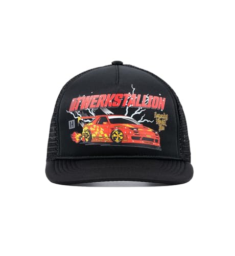 Hoonigan Legends Never Die Trucker Snapback Hat - Verstellbare Snapback Cap für Gear Heads - Offizielles Merchandise, Einheitsgröße, Schwarz mit rotem Logo, Einheitsgröße, Schwarz , One size von Hoonigan