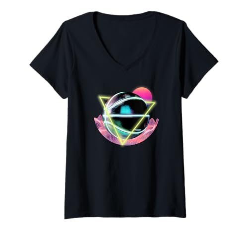 Damen Basketball-Spielball im Retro-Look, Synthwave T-Shirt mit V-Ausschnitt von HoopGlitch