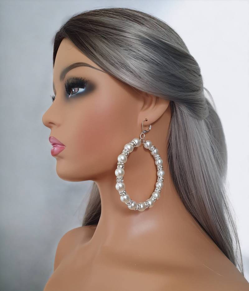 1 Paar Große Kunstperlen & Diamante Stil Clip On Creolen - 4 "Lange Big Statement Ohrringe Oder Durchbohrte Option von HoopaholicsUK