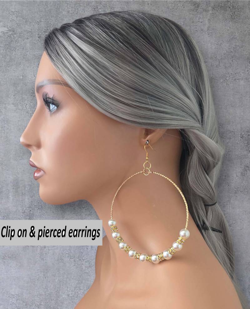 Kunstperlen Creolen - Gold Diamante Style, Clip On Oder Durchbohrt | 10 cm von HoopaholicsUK