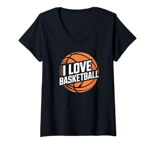 Damen Slogan „Ich Liebe Basketball-Enthusiast“ T-Shirt mit V-Ausschnitt Damen Slogan „Ich Liebe Basketball-Enthusiast“ T-Shirt mit V-Ausschnitt von Hoops Passion Enthusiasts Expression