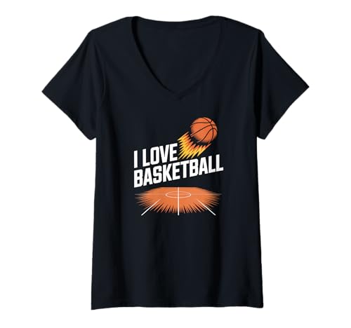Damen T-Shirt mit Aufdruck „I Love Basketball Court“ T-Shirt mit V-Ausschnitt Damen T-Shirt mit Aufdruck „I Love Basketball Court“ T-Shirt mit V-Ausschnitt von Hoops Passion Sports Enthusiast Gear