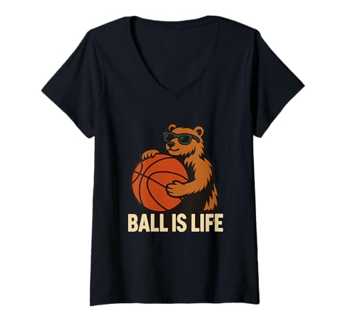 Damen Lustiger Bären-Basketball-Grafik Cooles T-Shirt mit V-Ausschnitt von Hoops & Claws Apparel Co.