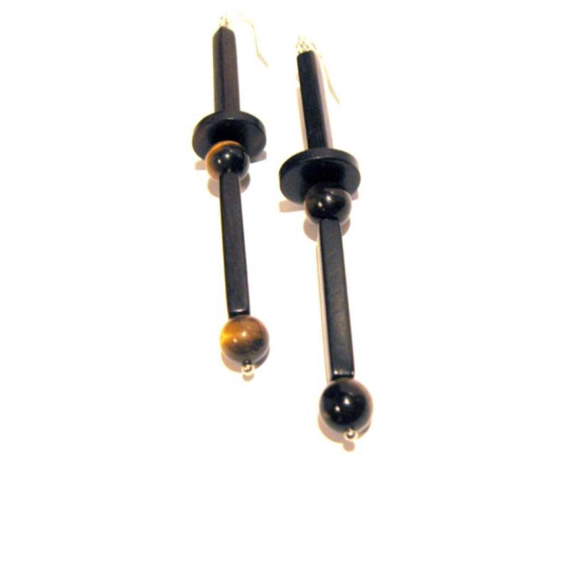 Handgefertigter Modeschmuck Tigerauge Schwarze Holzperle Lange Ohrringe von HoopsandDangles