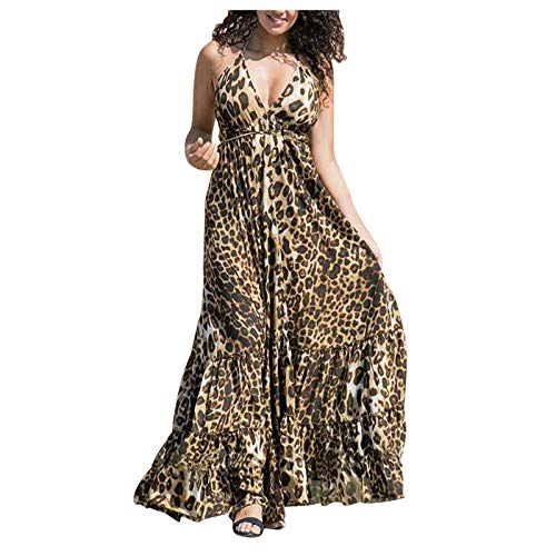Hoothy-Herren Print Leopard Frauen ohne Positionierung Sleevless Sling Lange Kleid V-Beck Frauenkleider von Hoothy-Herren