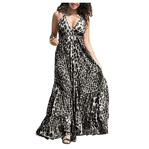 Hoothy-Herren Print Leopard Frauen ohne Positionierung Sleevless Sling Lange Kleid V-Beck Frauenkleider von Hoothy-Herren