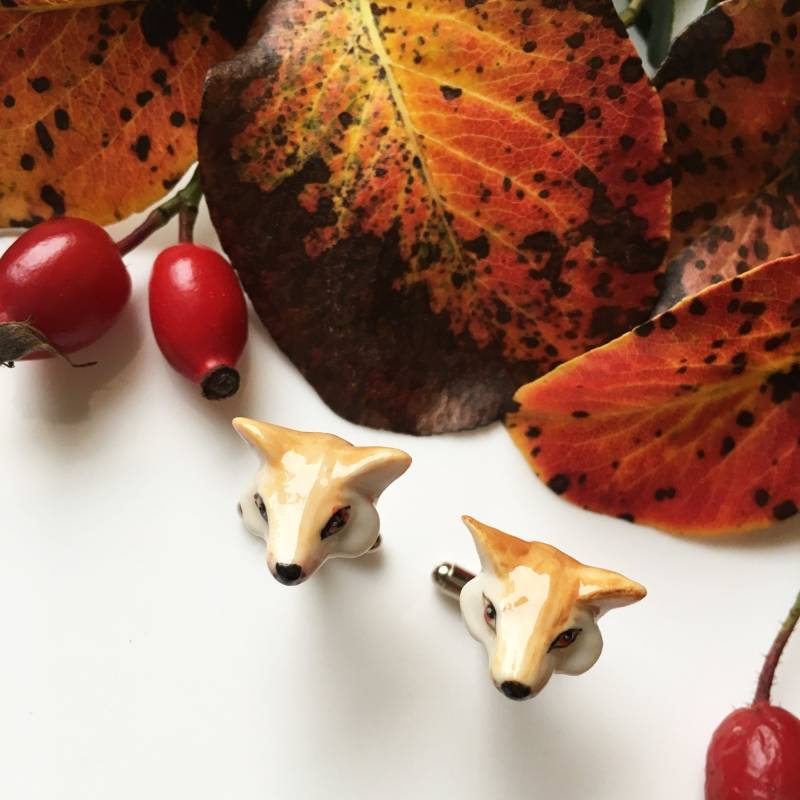 Handgefertigte Porzellan Fuchs Manschettenknöpfe, Sterling Silber Vergoldet von HopSkipAndFlutter