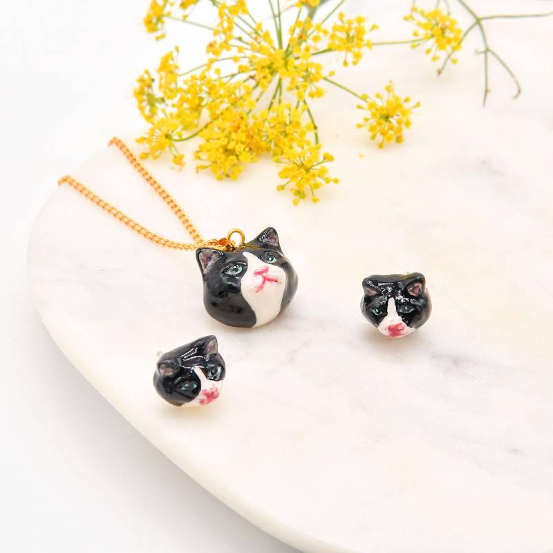 Handgemachte Porzellan Katze Halskette Und Ohrringe, Sterling Silber Ohrstecker Posts von HopSkipAndFlutter