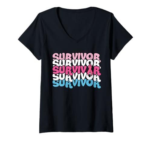 Damen Brustkrebs-Survivor im Retro-Stil – Unterstützung für Brustkrebsbekämpfer T-Shirt mit V-Ausschnitt von Hope In Pink Apparel.USA