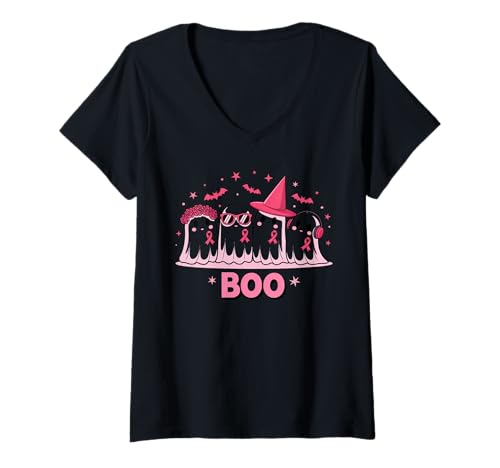 Damen Brustkrebsbewusstsein - Boo Ghost Support Squad Halloween T-Shirt mit V-Ausschnitt von Hope In Pink Apparel.USA