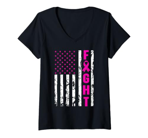 Damen Distressed American Flag Brustkrebs-Bewusstseinsunterstützung T-Shirt mit V-Ausschnitt von Hope In Pink Apparel.USA