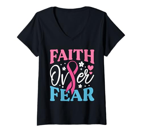 Damen Glaube statt Angst Brustkrebsbewusstsein Überlebende und Kämpferin T-Shirt mit V-Ausschnitt von Hope In Pink Apparel.USA