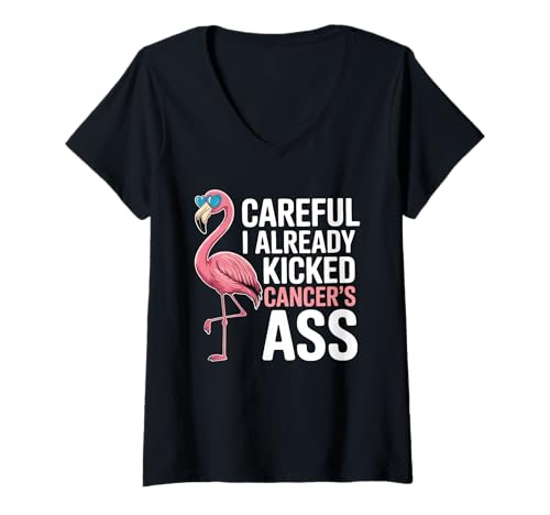 Damen Niedliches Brustkrebsbewusstsein Flamingo Brustkrebs-Überlebender T-Shirt mit V-Ausschnitt von Hope In Pink Apparel.USA