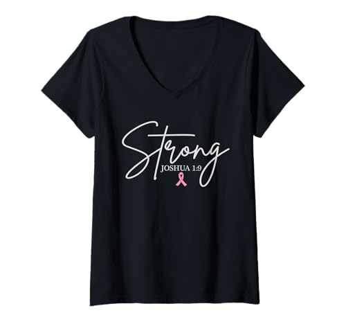 Damen Strong Joshua 1:9 Brustkrebsbewusstsein christlicher Glaube T-Shirt mit V-Ausschnitt Damen Strong Joshua 1:9 Brustkrebsbewusstsein christlicher Glaube T-Shirt mit V-Ausschnitt von Hope In Pink Apparel.USA