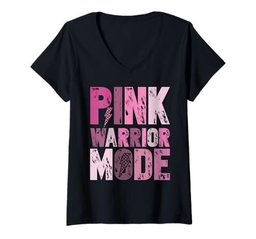 Damen Süßes rosa Band Krieger Modus – Retro Brustkrebs Survivor T-Shirt mit V-Ausschnitt von Hope In Pink Apparel.USA