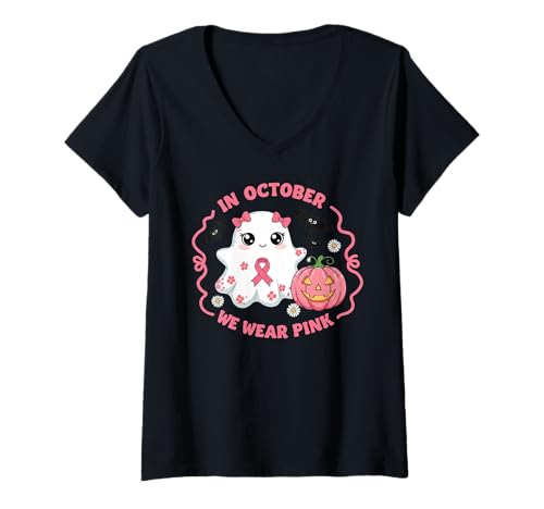 Damen Niedlicher Halloween-Brustkrebs-Bewusstseinsgeist T-Shirt mit V-Ausschnitt Damen Niedlicher Halloween-Brustkrebs-Bewusstseinsgeist T-Shirt mit V-Ausschnitt von Hope & Awareness Collection