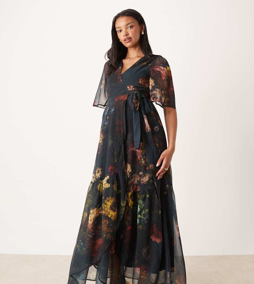 Hope & Ivy Maternity - Maxikleid mit dunkelgrünem Blumenmuster und Wickeldesign vorne, Umstandsmode von Hope & Ivy Maternity