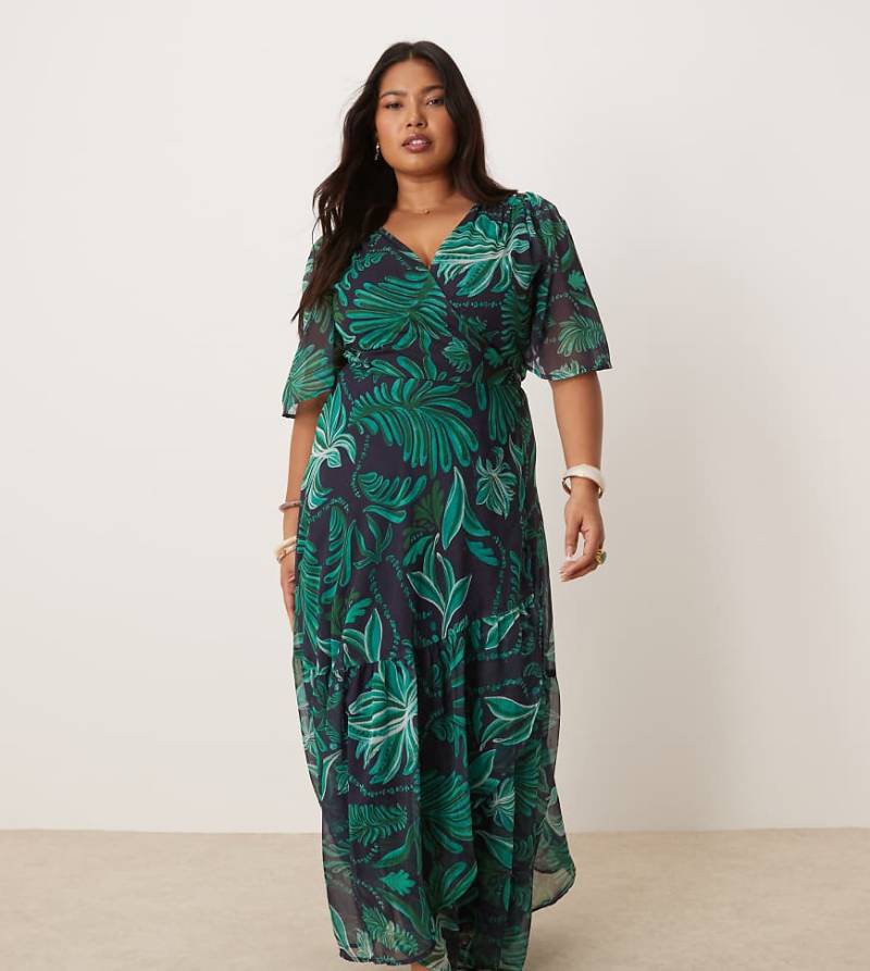 Hope & Ivy Plus - Maxi-Wickelkleid in Türkis mit Palmenmuster und Flatterärmeln-Grün von Hope & Ivy Plus